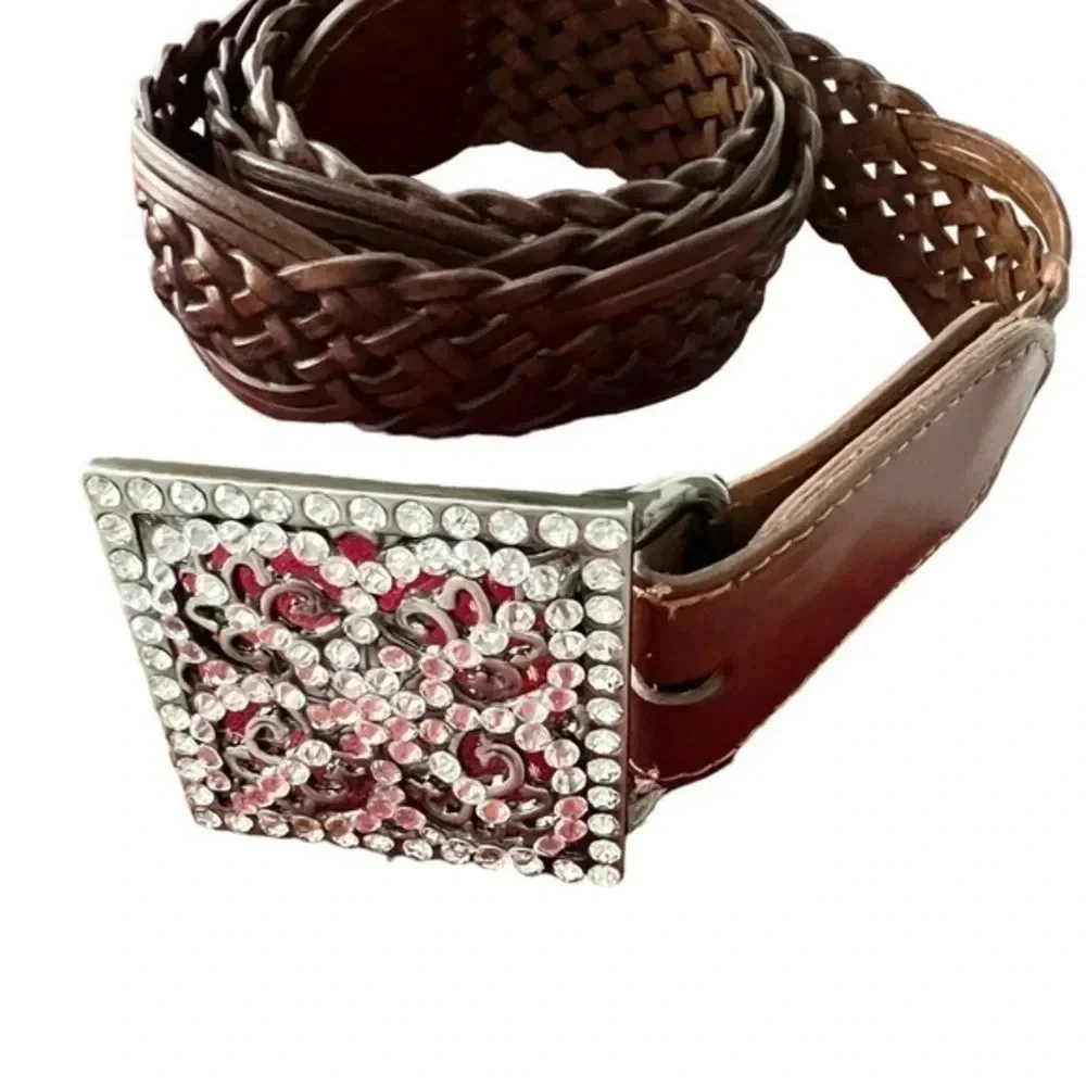 Rhinestone Buckle Adjustable Brown Woven‎ Leather Belt M